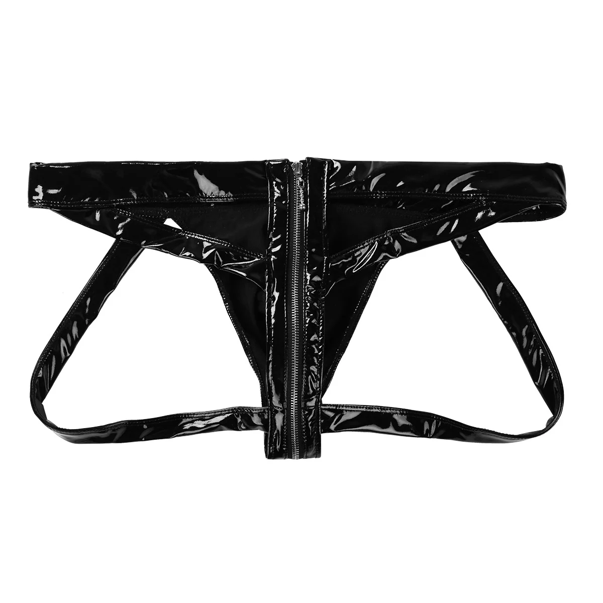 Men Wet Look Patent Leather Briefs Pole Dancing Costume Low Rise Bulge Pouch Cut Out Zipper Panties Jockstrap Clubwear Nightwear