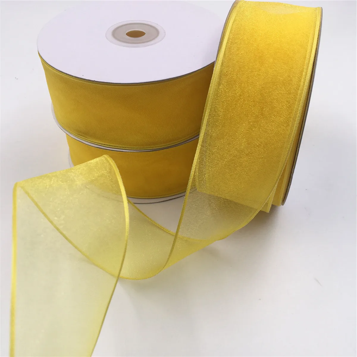 

25YARDS 38MM Wired Edge Solid Yellow Gold Organza Sheer Ribbon for Birthday Decoration Chirstmas Gift DIY Wrapping 1-1/2" N1050