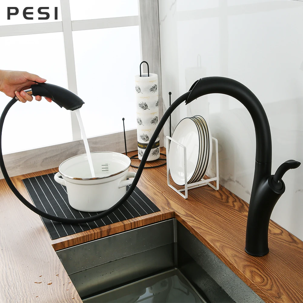 Matte Black Kitchen Faucet Mixer Tap Pull-Out 360 Degree Rotation Waterfall Stream Sprayer Kitchen Sink Hot Cold Taps Accessorie