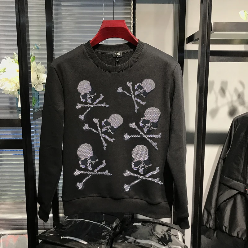 

Trendy New Hot Sale Hoodie Men's Rhinestone Skull Style Casual Fashion Hoody Warm Pullover High Quality Tops