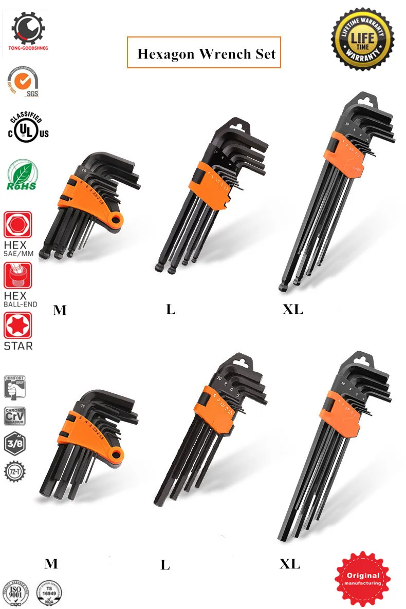 9PC Magnetic Hex Key Wrench Set Long Arm/Short Arm Torx Key Set SAE Metric Star Ball Point Key Set,Industrial Grade Allen Wrench