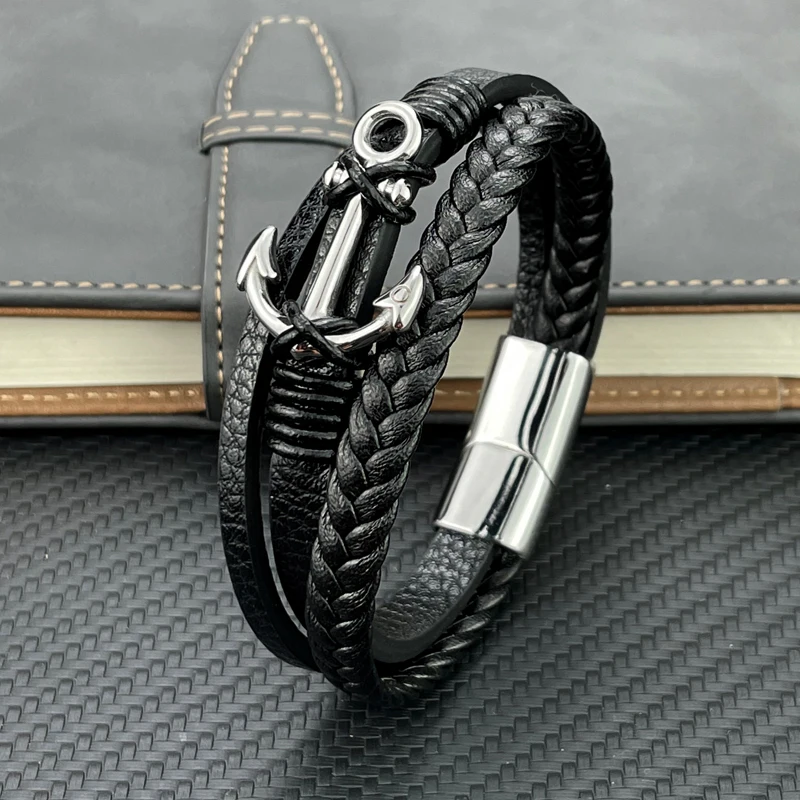 Fashion Charm Cross Men Bracelet Multilayer Leather Bracelet Punk Jewelry Stainless Steel Magnetic Clasp Bangles Boho Bracelet