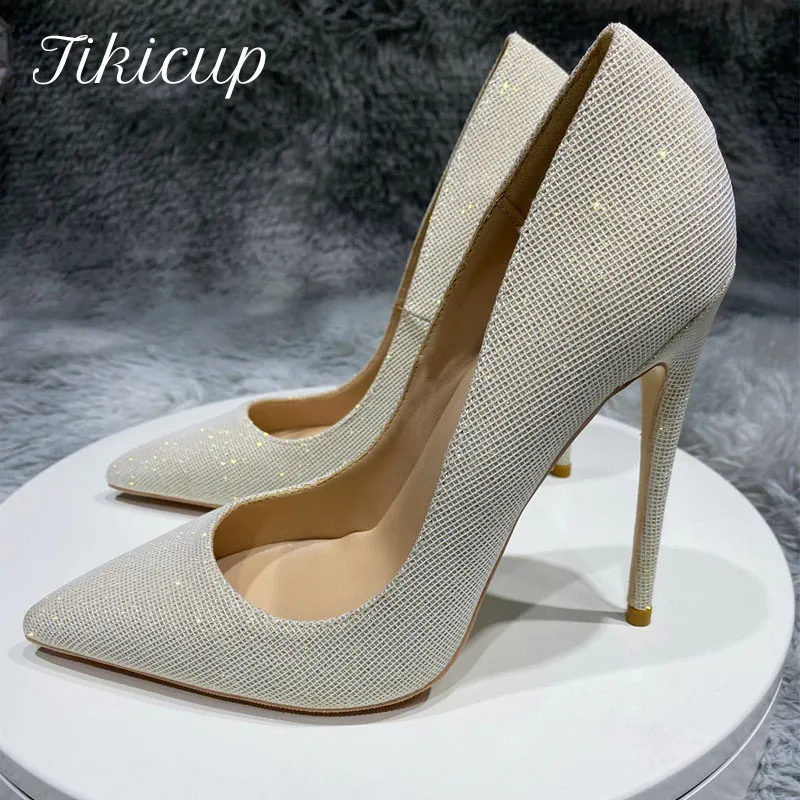 

Tikicup Sparkly Silver Women Designer Pointed Toe High Heels Bling Wedding Bridal Shoes Chic Ladies Stiletto Pumps Plus Size