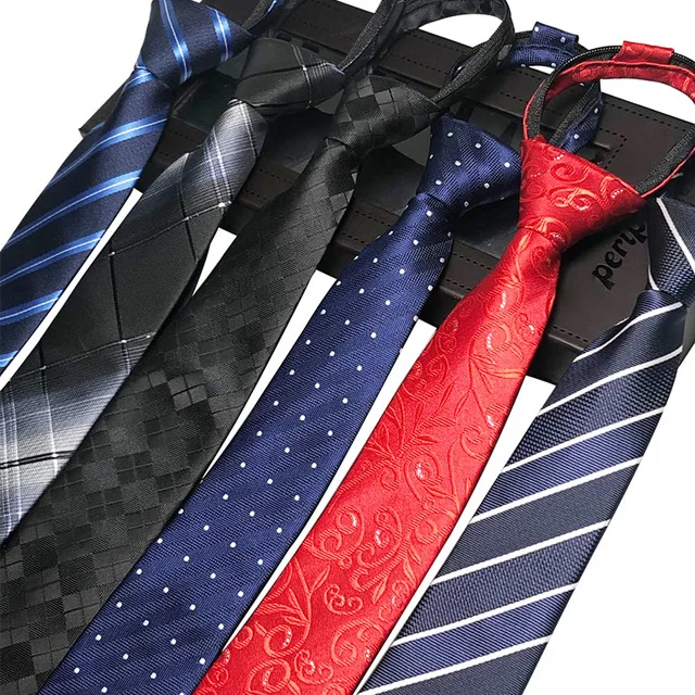 Men's Necktie Zipper Skinny Tie 6cm 5cm Strip Business Gentleman Lazy Ties Polyester Quality Floral Plaid Accessory