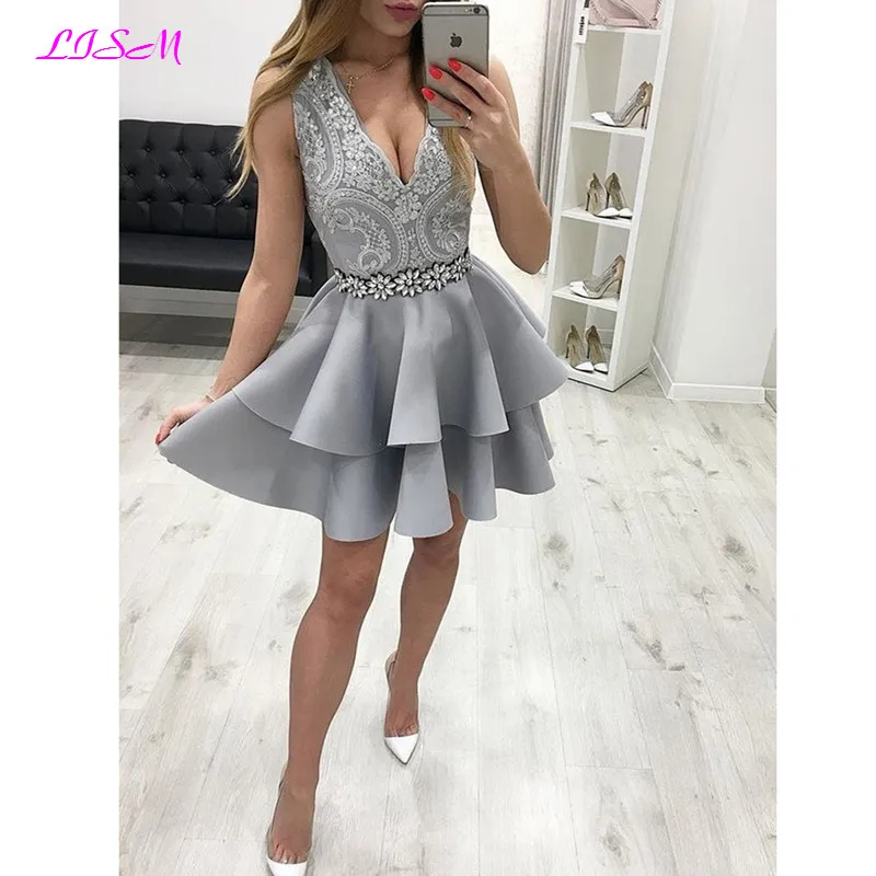 Sexy Deep V-Neck Gray Homecoming Dress Lace Prom Dresses Sleeveless Formal Party Gowns