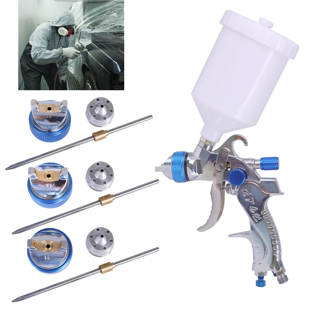 Professional HVLP Spay Gun 1.4/1.7/2.0mm Nozzle Gravity Airbrush +Pressure Regulator + Water And Oil Separator Set