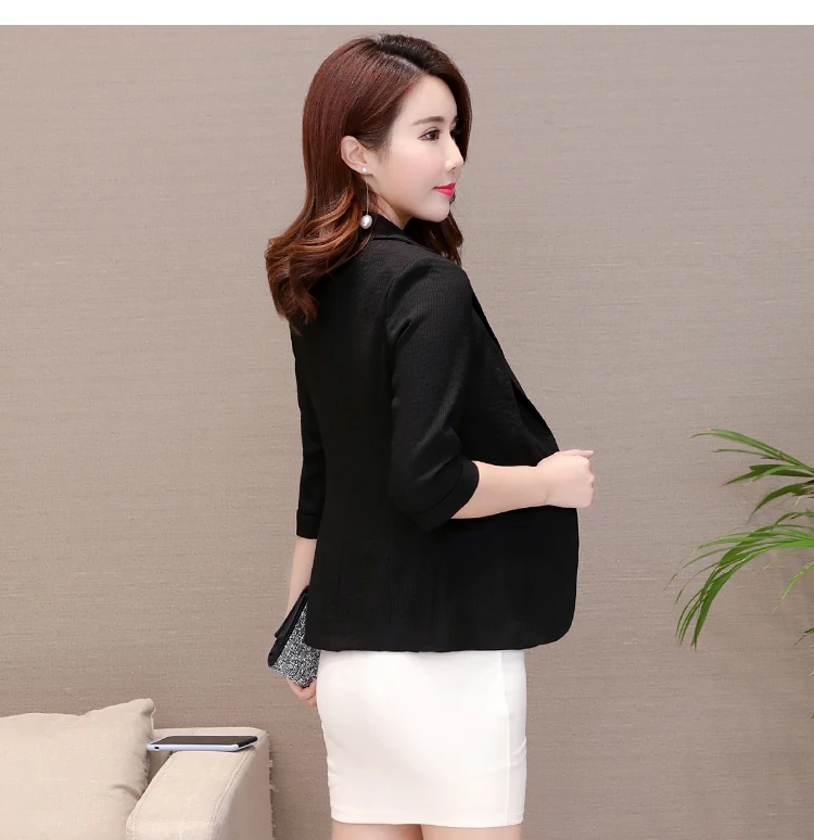 Elegant Women's Stripe 3/4 Sleeve Suit Jacket 2026 Spring Summer Thin Slim Outwear Single Button Female Office Blazer Coat Tops