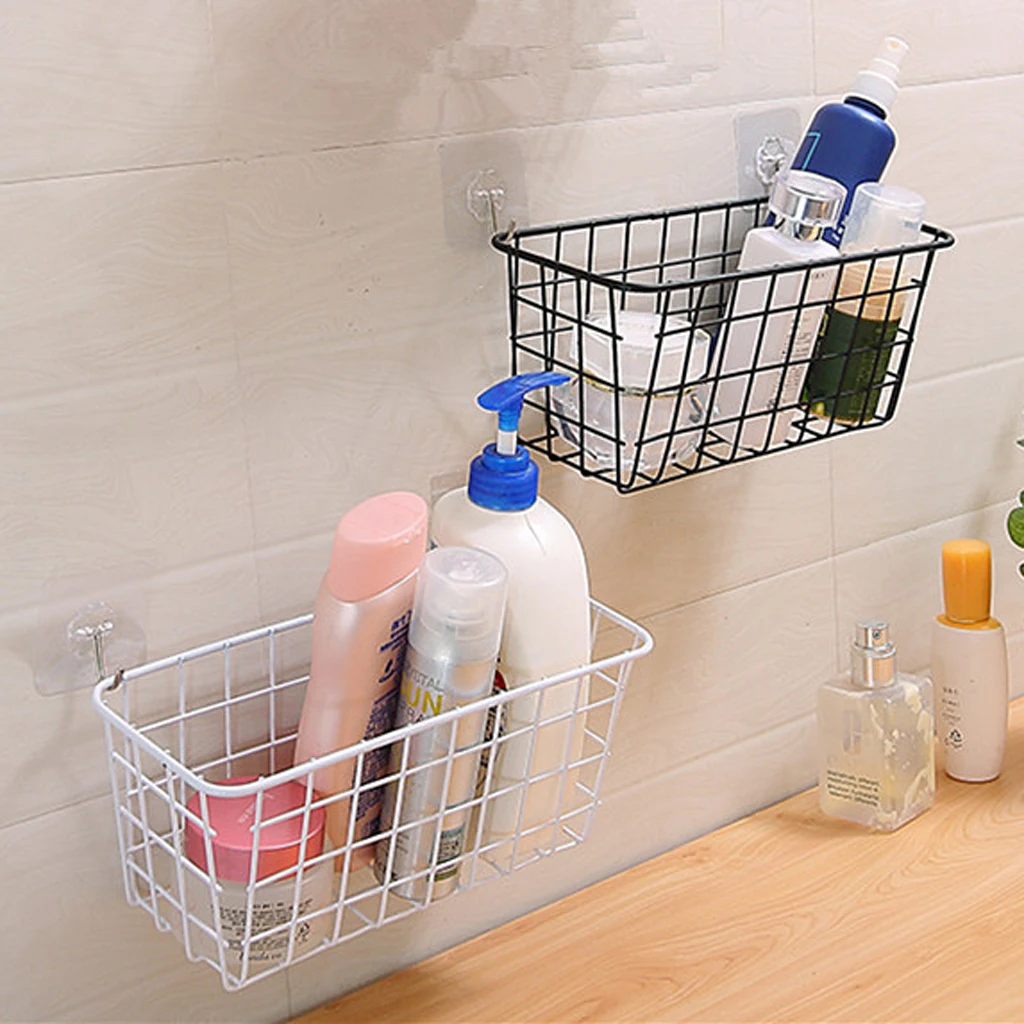 Nordic Style Grid Tall Storage Basket Metal Wire Hanging Basket for Bathroom Storage/ Over The Cabinet with 2 Hooks