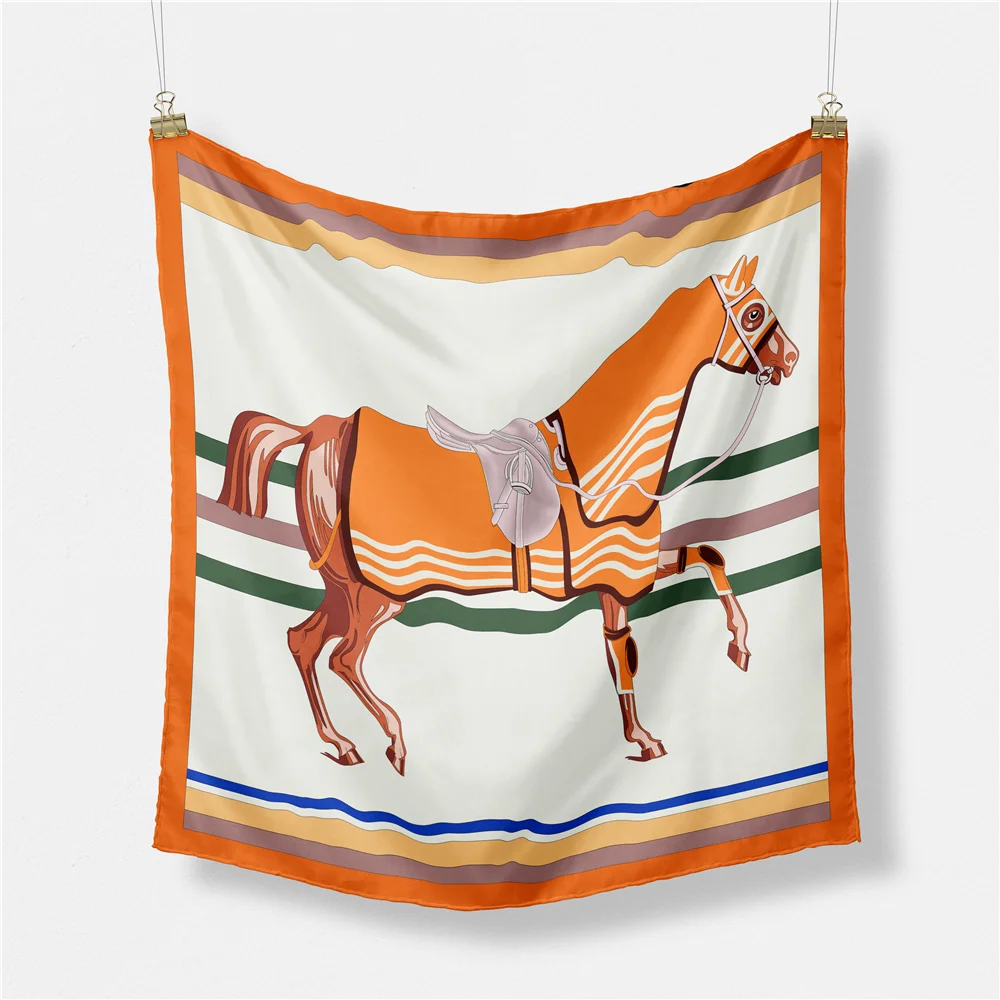 Twill Silk Scarf Woman Horse Painting Square Scarves Wraps Bandana Small Hijab Silk Foulards Tie Headband Neckerchief 53CM