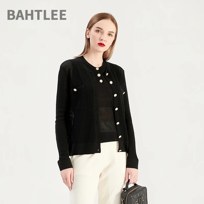 BAHTLEE-Women's Hollow Out Knitted Cardigan, Summer Lyocell Cardigan, Singel Breasted, Long Sleeve, Gold Button, O-Neck