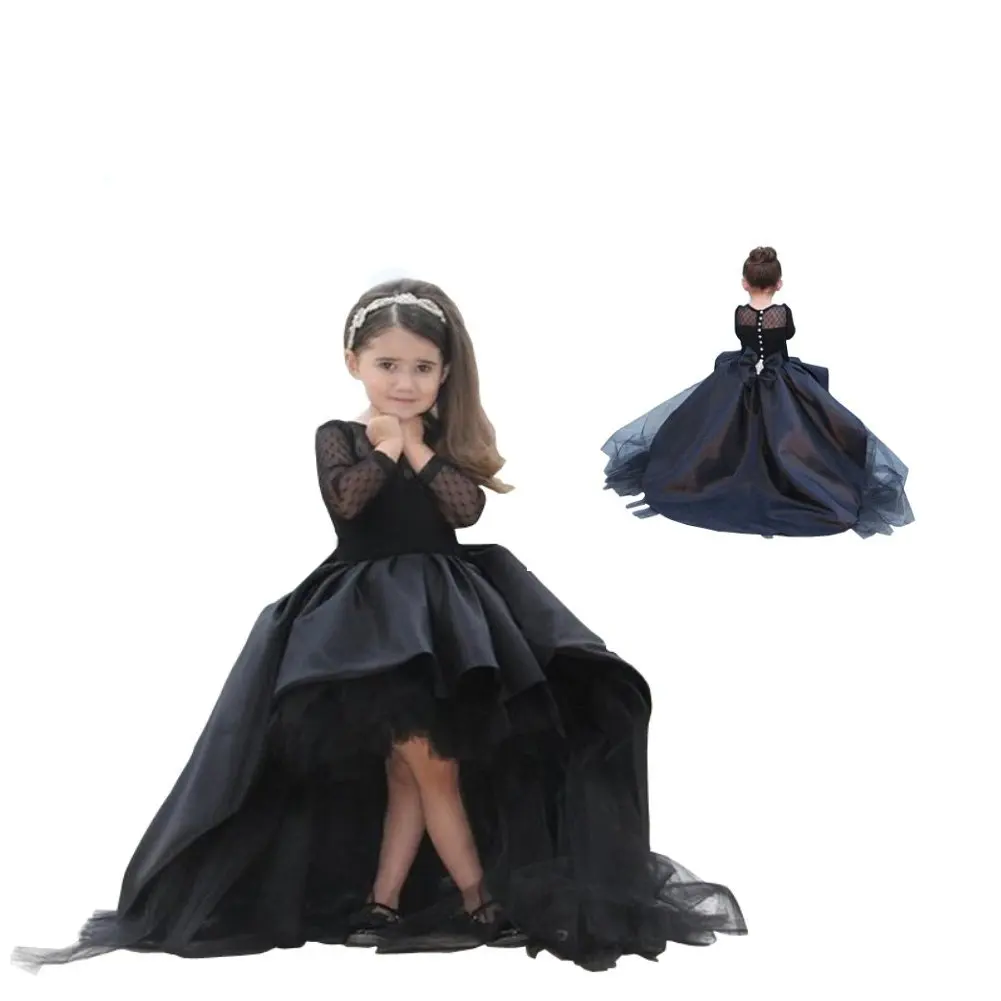 

Black Hi-lo Princess Wedding Flower Girls Dresses First Communion Pageant Dress Satin Lace Long Sleeve Birthday Party Gowns