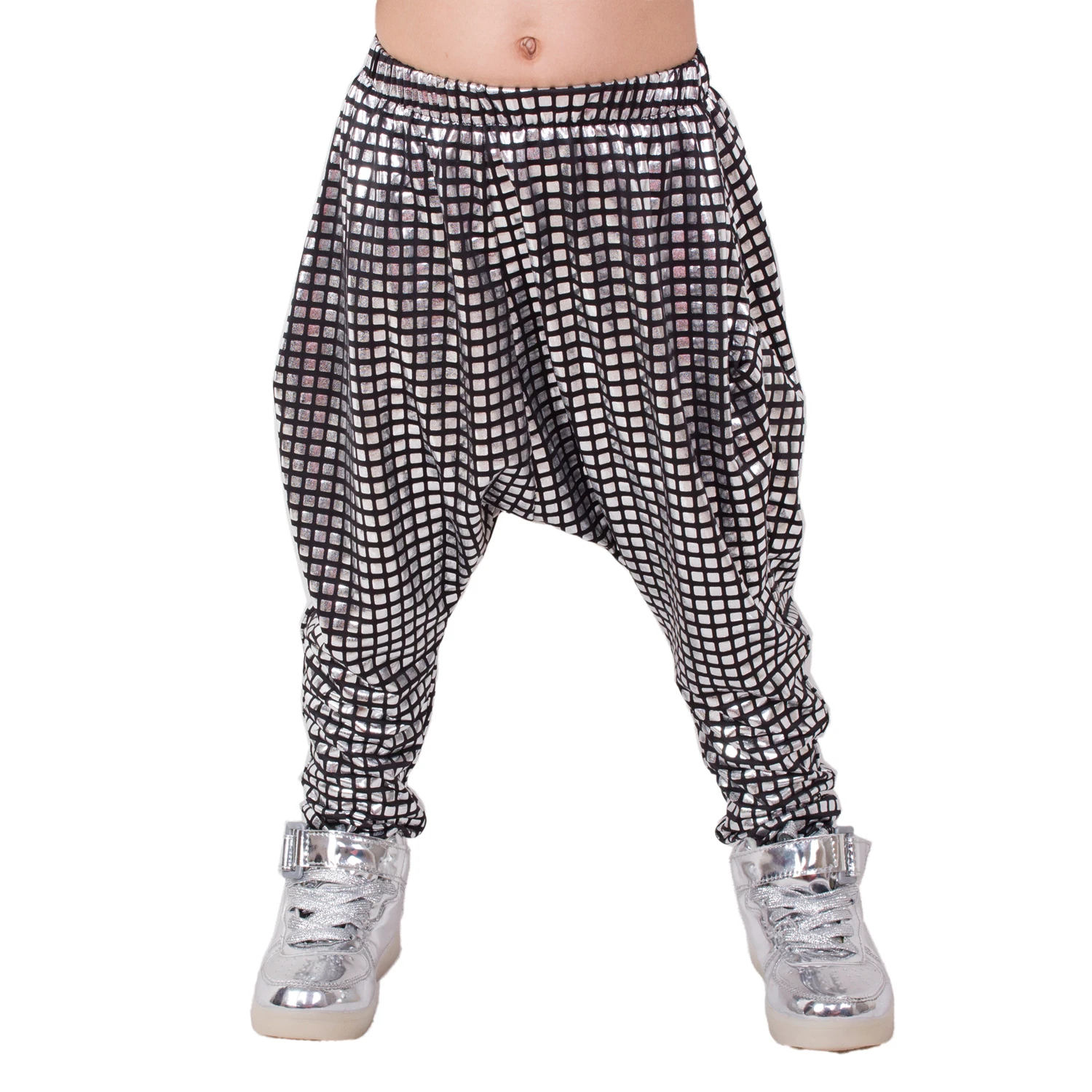 

Heroprose 2021 Summer New Personality Silver Plaid Big Crotch Trousers Stage Performance Harem Hip Hop Skinny Pants For Kids