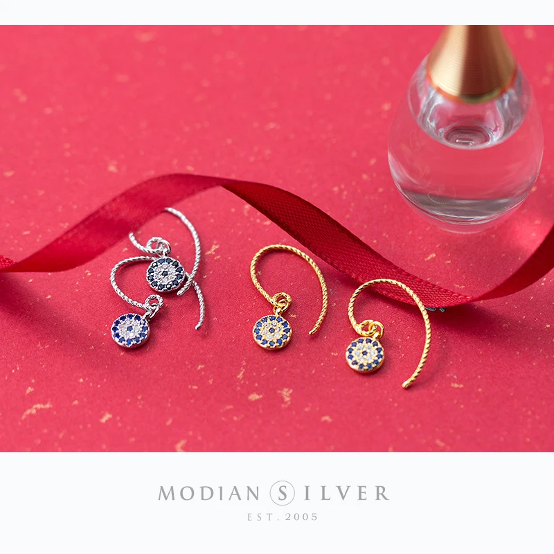 Modian New Blue Crystal Round Eyes Dangle Earrings for Women 925 Sterling Silver Gold Color Fashion Party Jewelry Gifts