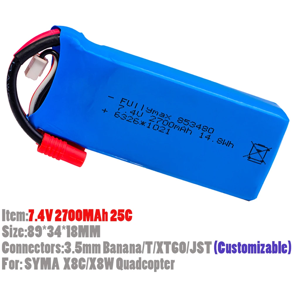 High Quality 7.4V 2700MAh 25C 14.8WH Lipo Battery With T/XT60/JST Customizable Connectors For Syma X8C/X8G/X8HW/X8HC Quadcopter