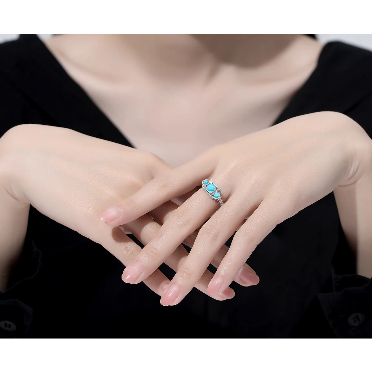 Szjinao Silver 925 Real 3 Stone Turquoise Rings For Women Wedding Party Anniversary Gift To Wife Vintage Luxury Woman Jewelry