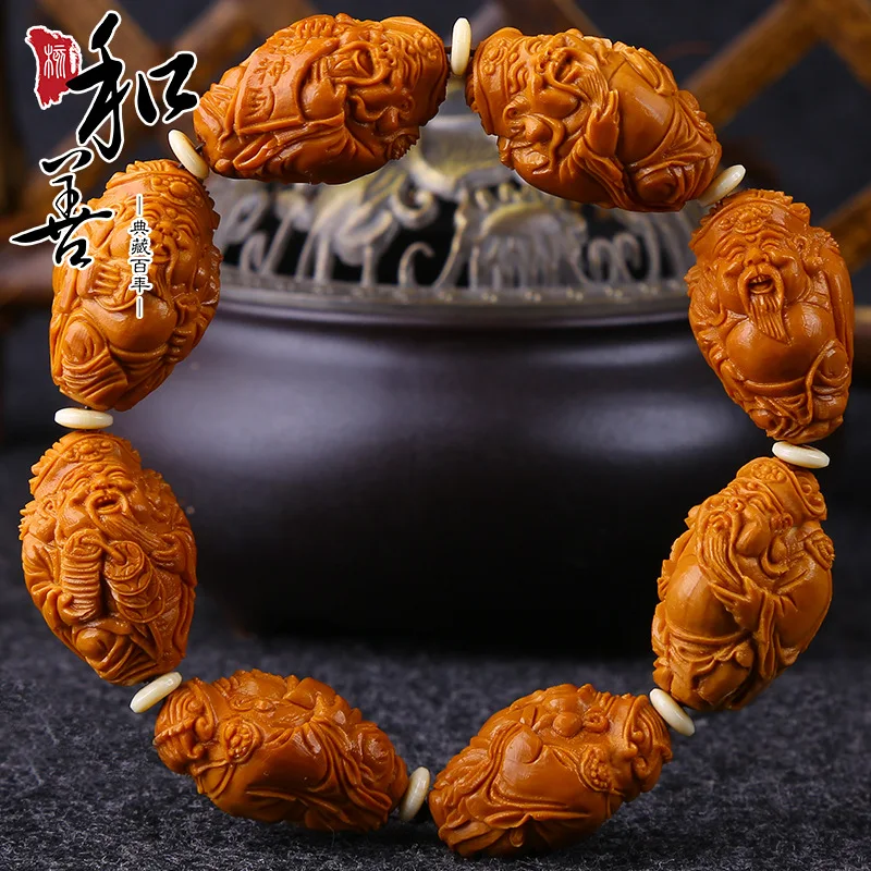 Hand-carved Olive Stone Carving style God of wealth string eight God of wealth text play olive beard string bracelet men women