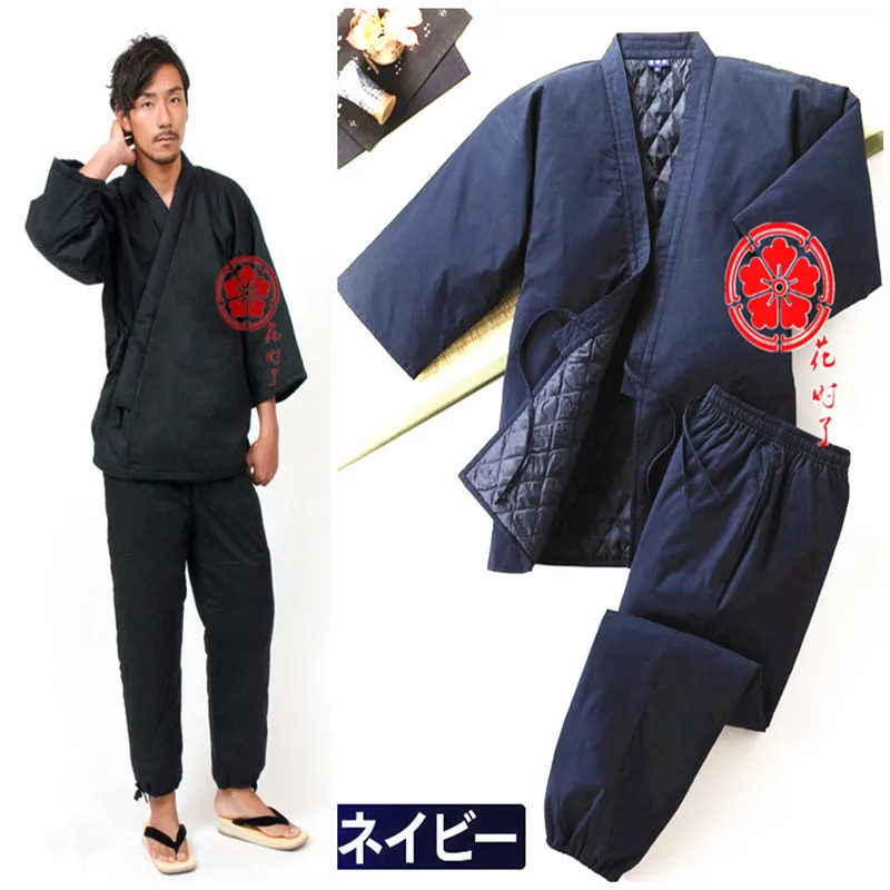 

Jinbei Japanese Kimono Haori Men Quilted Home Clothes Semi-wrapped Warm Japan Style Cotton Asian Cloth Yukata Pajamas Sets