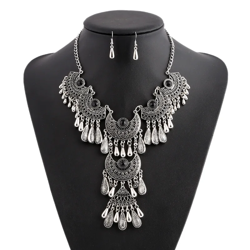 LOVBEAFAS Fashion Choker Bohemian Jewelry Sets Drop Tassel Statement Maxi Necklace Earrings For Women Colar Vintage Jewelry