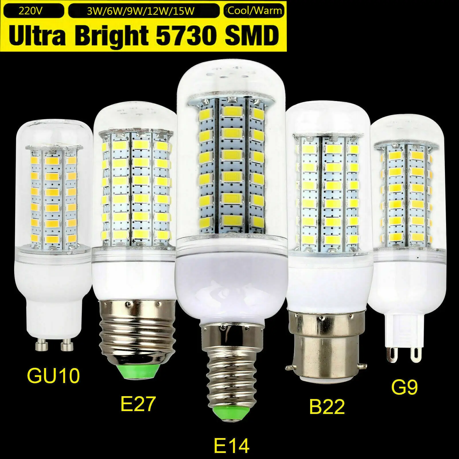 トウモロコシの形をしたled電球,家庭用およびオフィス用のクールライト,5730 v,220v,3w,6w,9w,12w,15w,e14,e27,b22,g9,gu10,110 smd