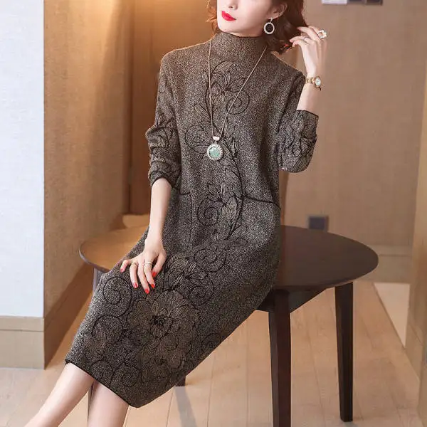 ZUOMANAutumn and Winter New Jacquard Knitted Dress Women Vintage Warm Mid-Calf Sweater Dress Lady Elegant Loose Turtleneck Dress