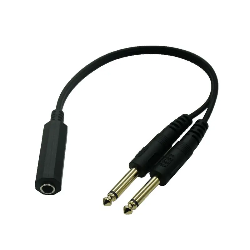 1pc 90 Degree Right Angle Audio Cable 6.35mm 1/4 inch Stereo TRS Female to 2 Dual 6.35mm Mono TS Male Y Splitter Cable Cord