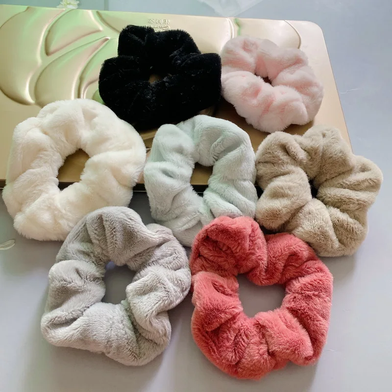 2021Autumn And Winter Soft Plush Scrunchie For women Elastic Hair Bands Girls Black Hair Tie Rope Furry White Scrunchy Headwear