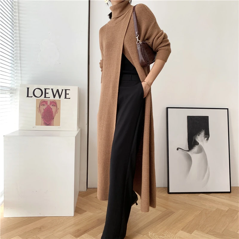 LMQ NEW 2020 Winter Korean Women Long Sleeve Turtleneck Loose Knitted Long Sweater Tops Elegant High Waist Split Pullovers