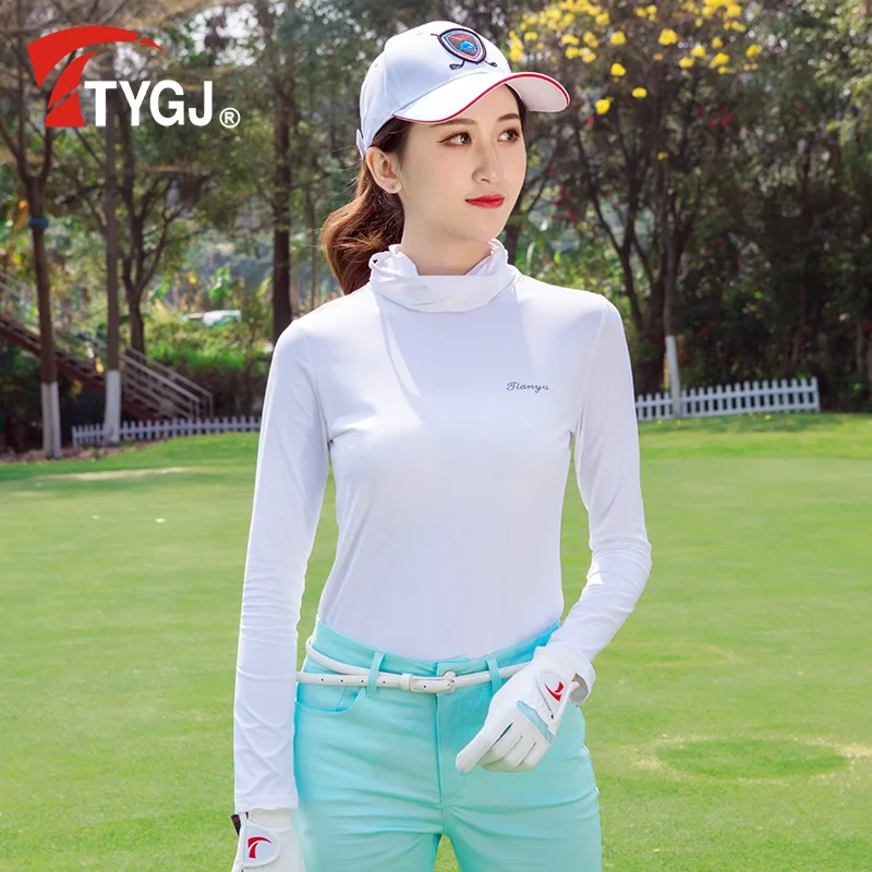 TTYGJ Ropa de golf para mujer Protección solar Camisa refrescante con fondo de seda de hielo Cuello alto con mascarilla Ropa de manga larga