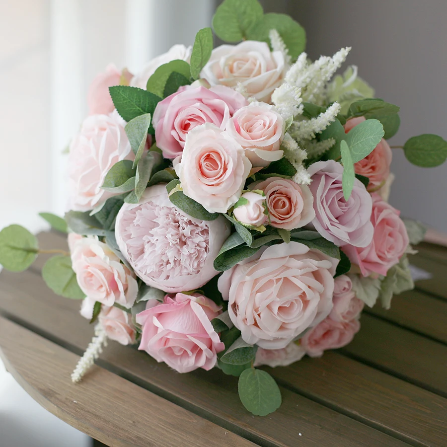 JaneVini-ramo de flores rosas románticas para boda, accesorios artificiales de seda, peonía, tacto Real, falso