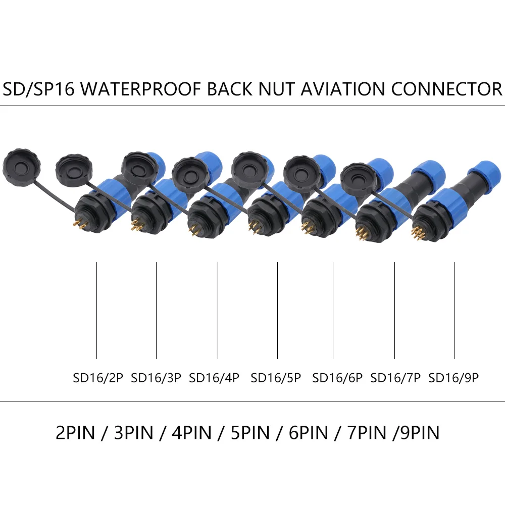 10sets SD16 Waterproof Aviation Plug Socket Male + Female 2/3/4/5/6/7/9 Pins IP68 SP16 16mm Circular Power Aviation Connector