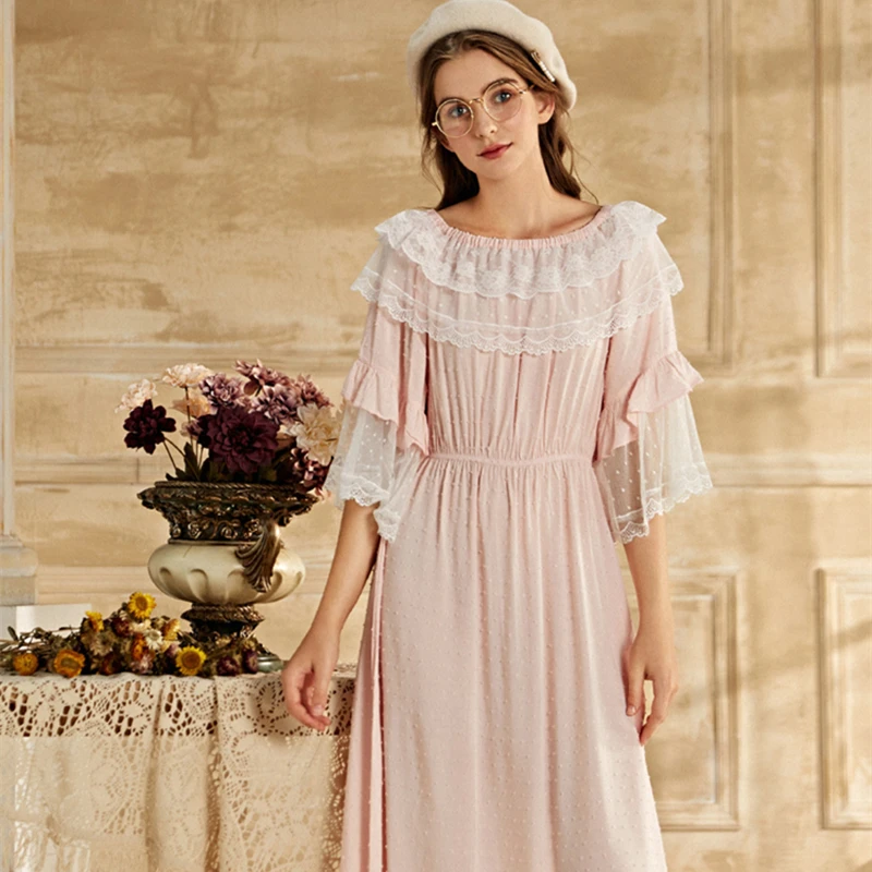 

Nightgown Women Vintage Sleepwear Summer Lace Cotton Dress Romantic Nightgown European Retro Nightgown Pink Purple Green