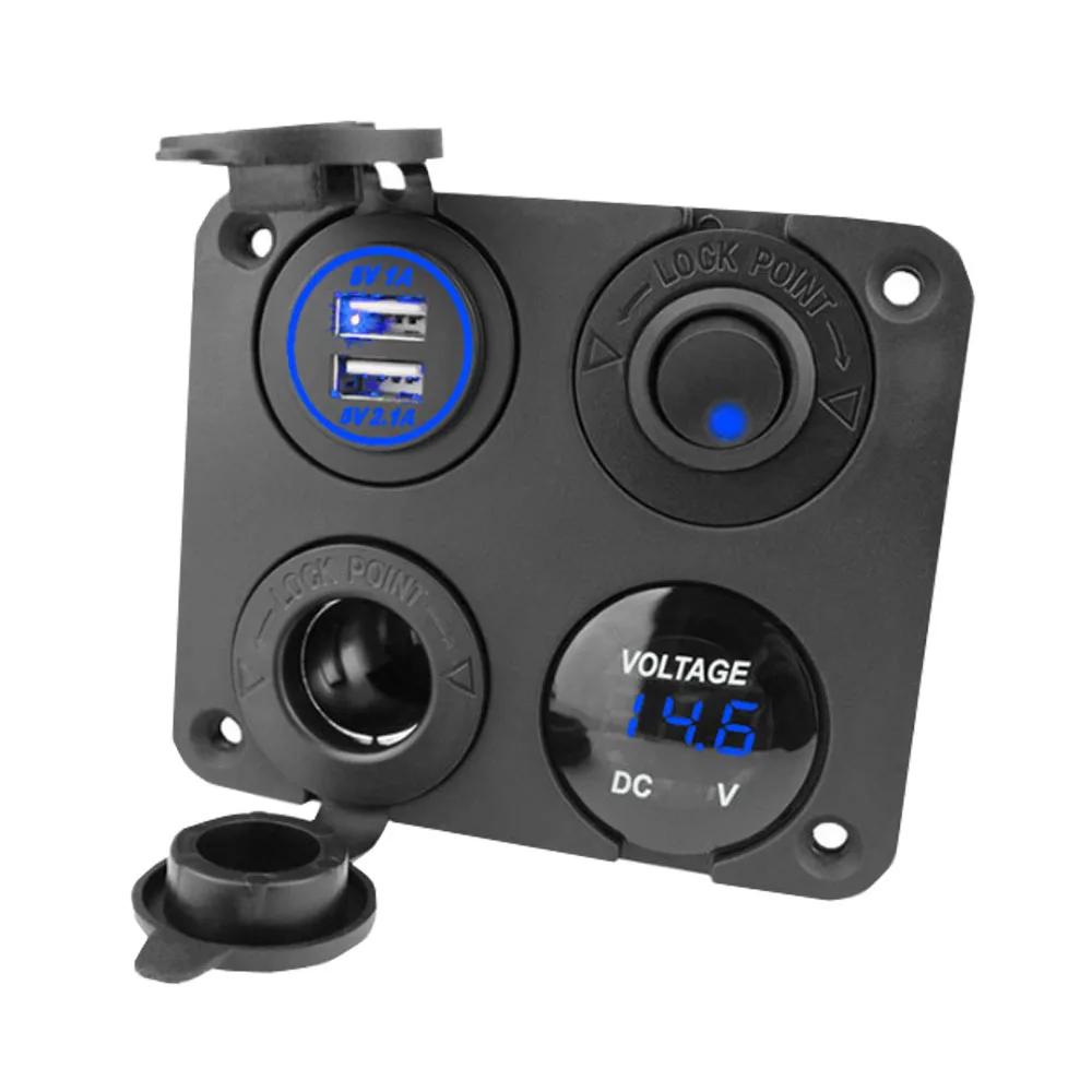 Car and yacht modified four-hole panel with dual USB car charger cigarette lighter plus female seat plus voltmeter switch new