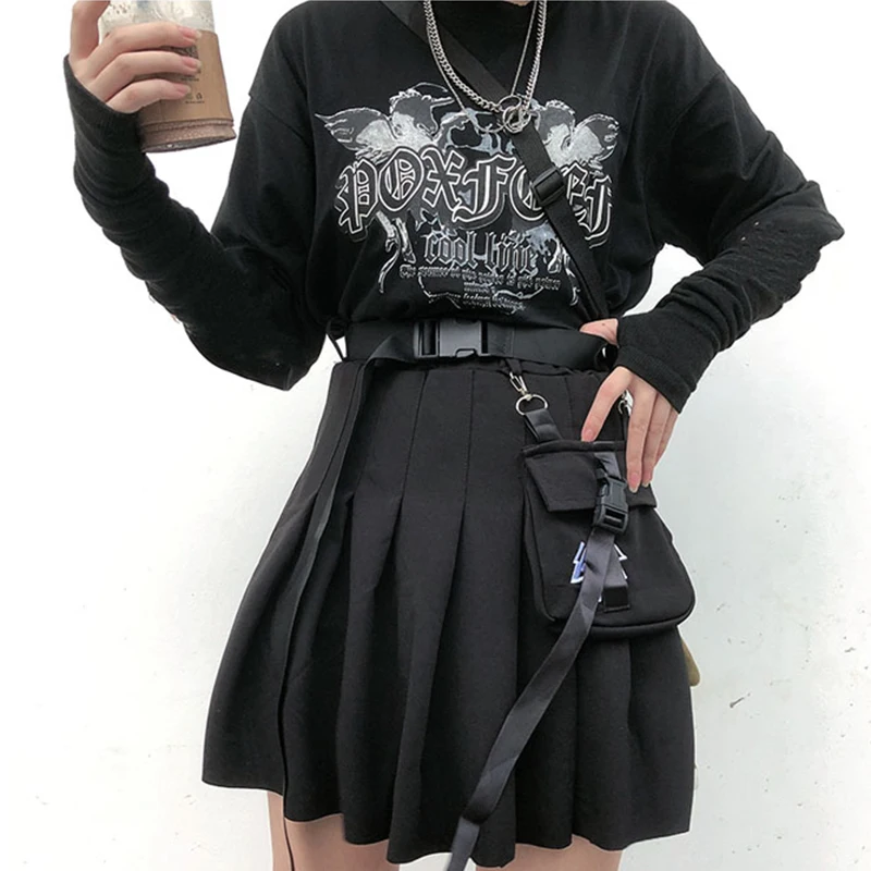 2021 Gothic Punk Harajuku Women Skirts Casual Cool Chic Preppy Style Red Plaid Pleated Black Female Fashion Shorts Skirts Pocket