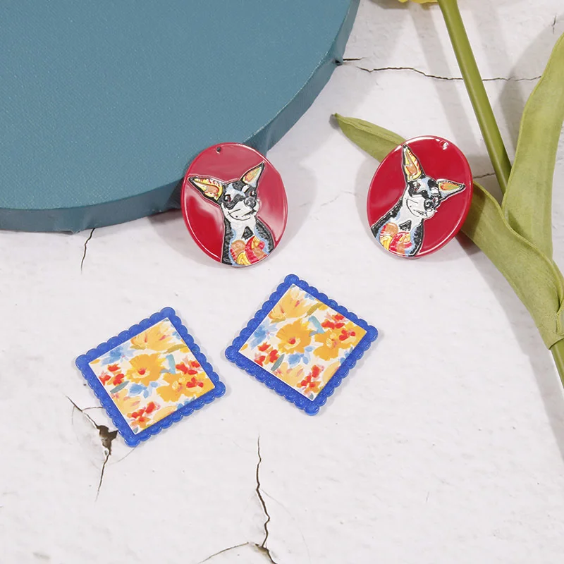 6Pcs Cute Puppy Abstract Oil Painting Hand Made Earrings Making Connectors DIY Pendant Jewelry Findings Components Charms