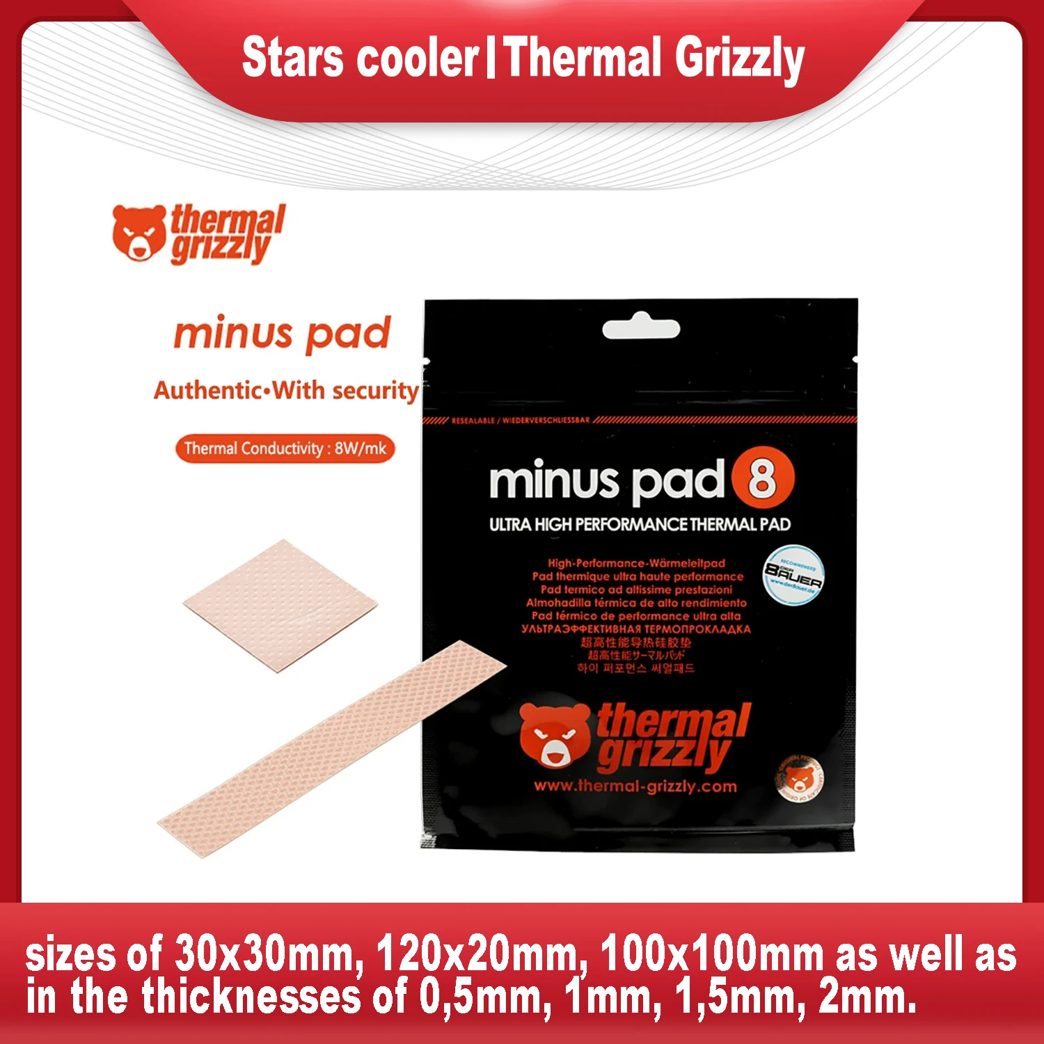 Thermal Grizzly Minus Pad, 8 Cooling Pad 8.0W/mk CPU Graphics Cooler Motherboard Cooling Silicone Pad, Multi-tamanho