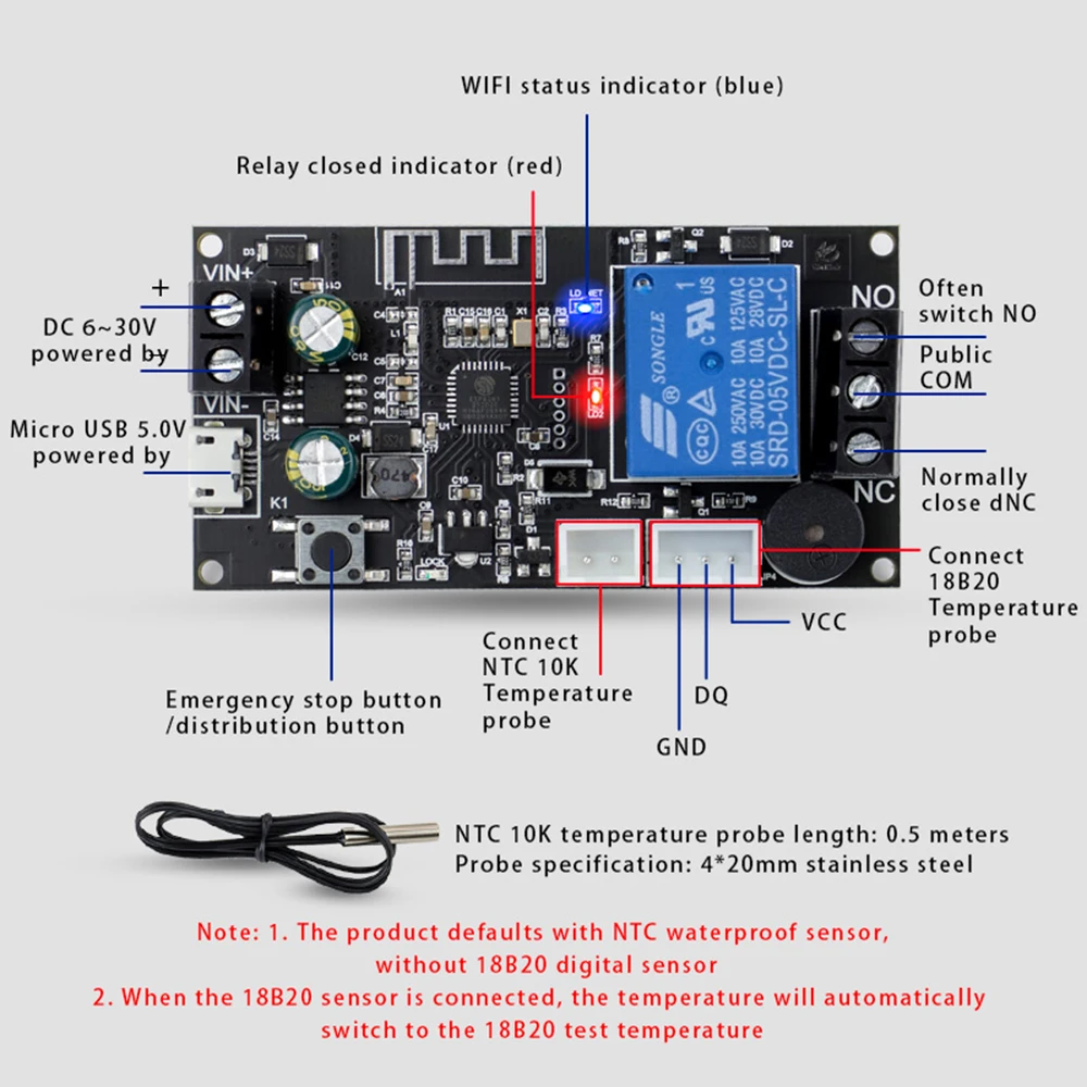 Termostato WIFI remoto, módulo controlador de temperatura de alta precisión, aplicación de refrigeración y calefacción, recolección de temperatura,