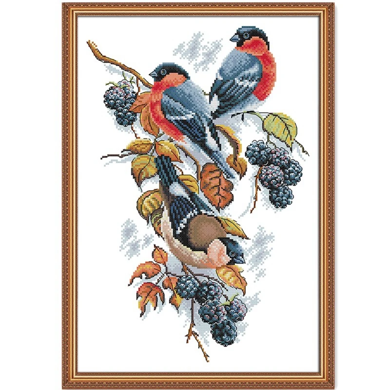 Red bellies Magpies and blackberries cross stitch kit aida 14ct 18ct count canvas stitches embroidery handmade needlework