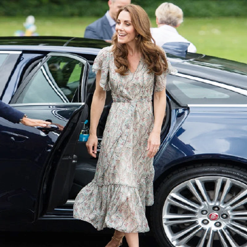 

Kate Middleton Plus Size High Quality New Fashion Elegant Office Lady Casual Green Printing Chiffon Dress
