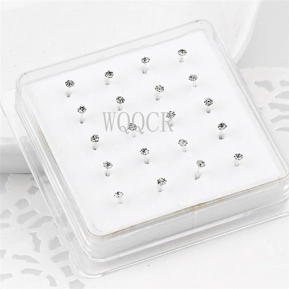 20Pcs/Box Straight Pin Nose Stud With 1/2/3mm Crystal Nose Piercing Body Jewelry Nose Studs Rings Piercing Pin Body Jewelry