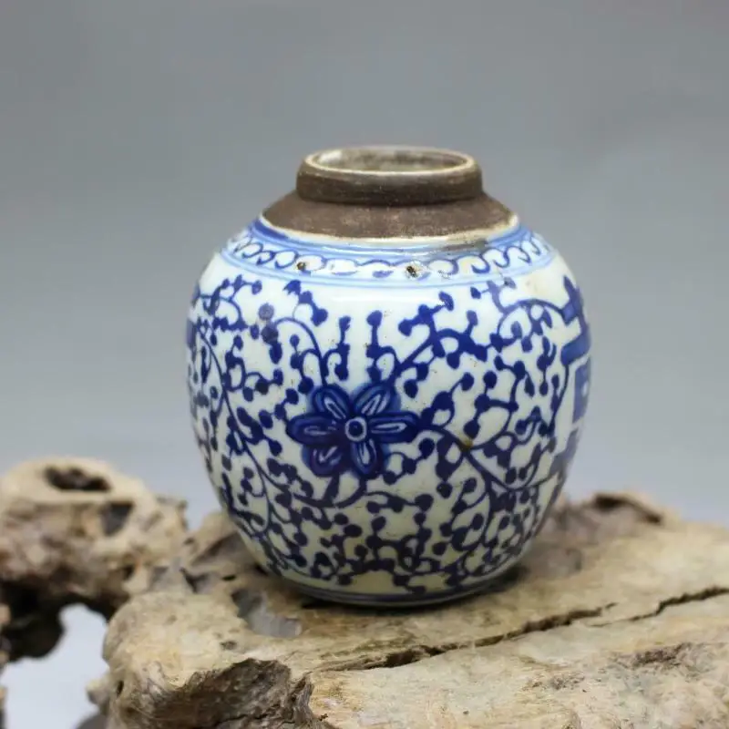 Chinese Blue and White Porcelain Pot Hand Painted Xi Jar 4.1 inch Antique Imitation Old Decoration Ornaments