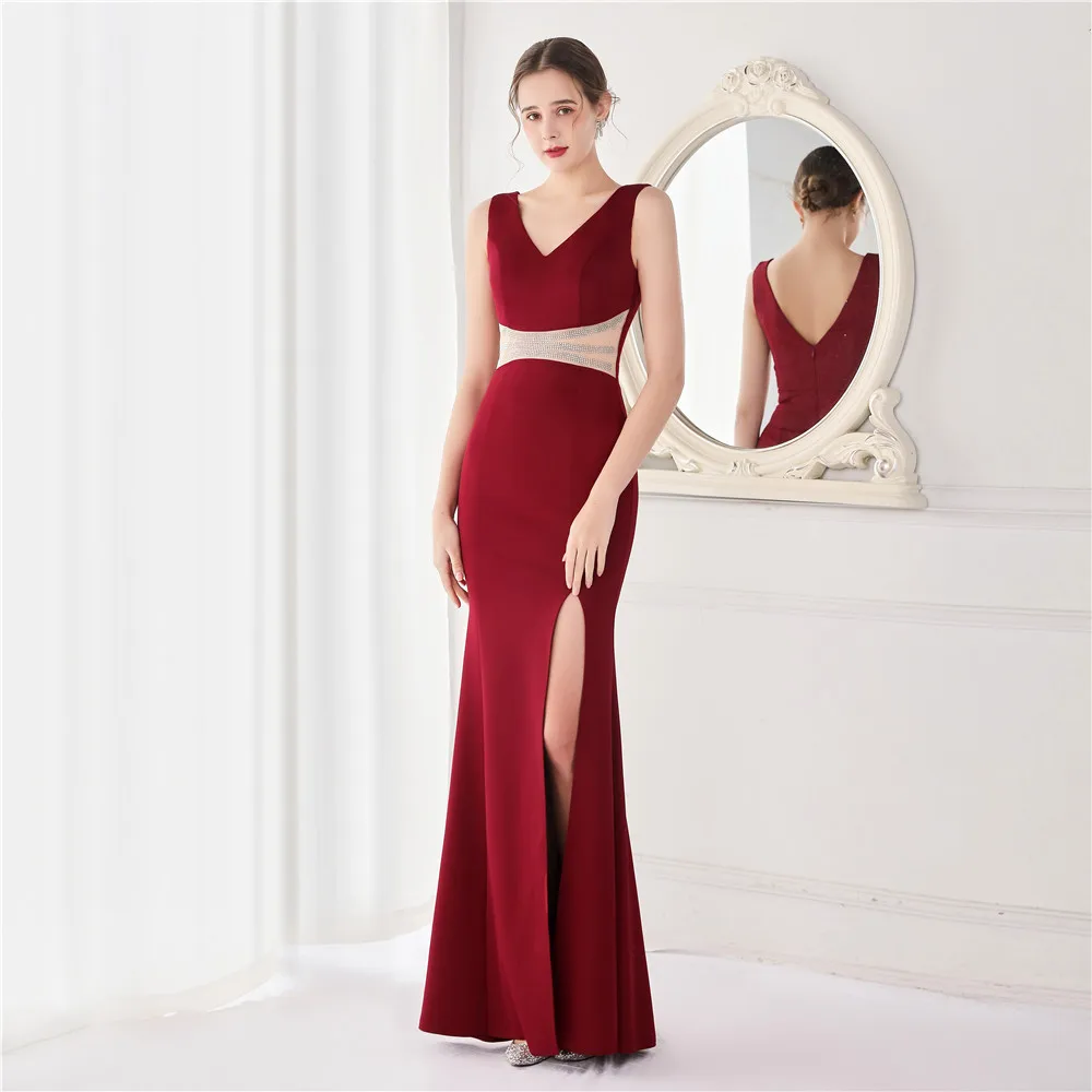 

Fashion Burgundy Side Split Evening Dresses Robe De Soiree Formal Dress Vestido De Festa Sexy V-veck Satin Mermaid Evening Dress