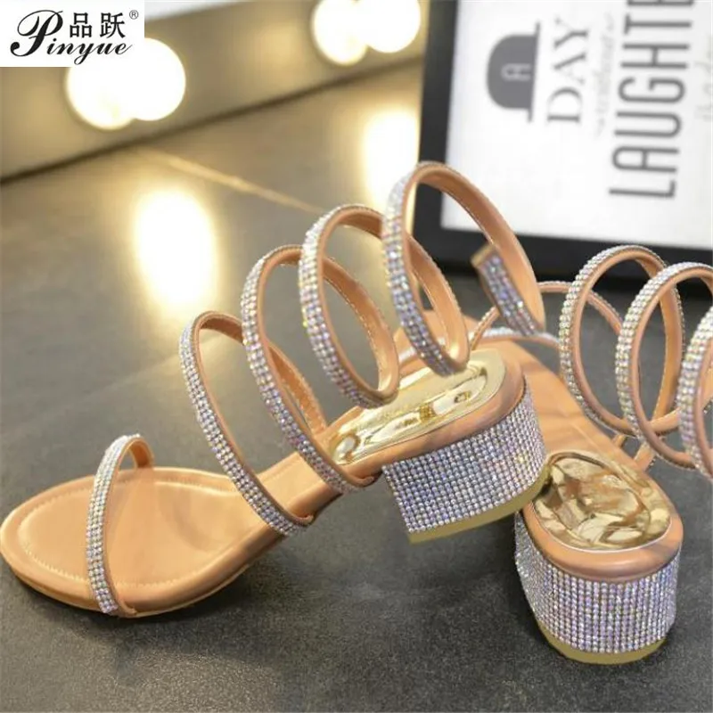 Fashion summer style Thick Heel gladiator sandals women Flat Sandals Snake Punk Rhinestone Women Sandals Wedding shoes