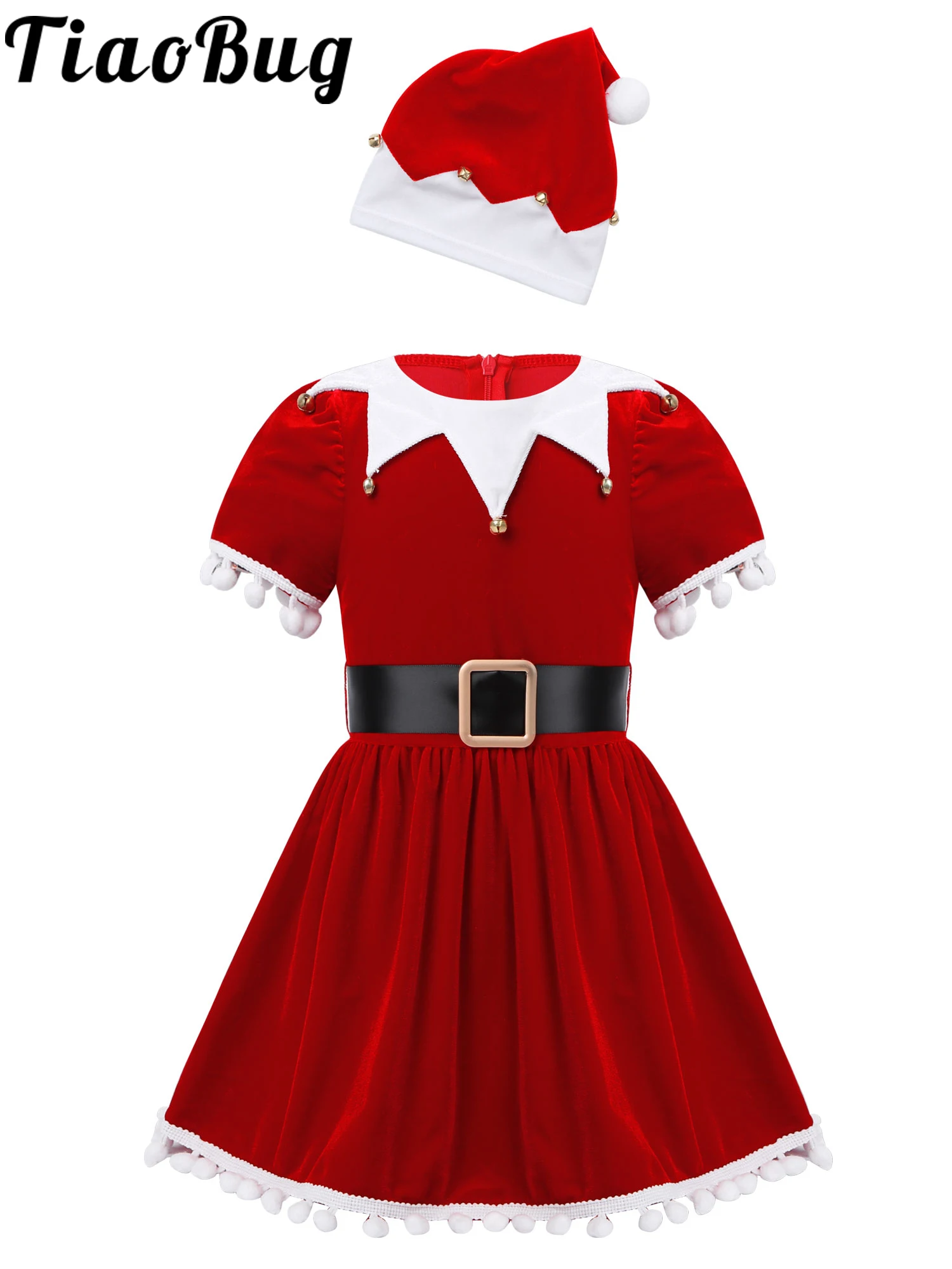 

Kids Girls Christmas Santa Claus Cosplay Costume Suit New Year Chilren Clothing Ruffled Sleeves Tutu Dress with Hat Belt