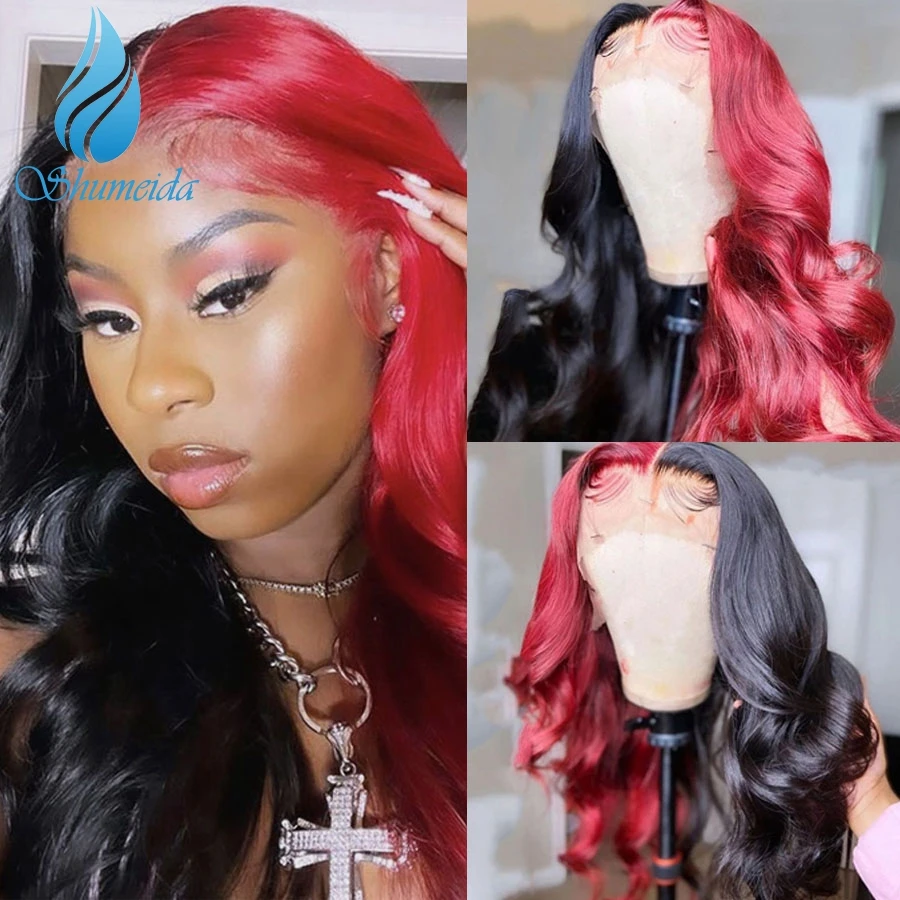 

Shumeida Red Black Color 13*6 Lace Front Wigs Pre Plucked Hairline Peruvian Human Hair Wig for Women Body Wave 4x4 Closure Wigs