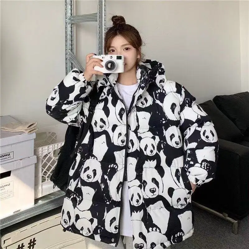 High Quality Winter Casual Women Coat Harajuku Print Cartoon Cute Panda Family Sweet White Zipper New Cotton Clothes Female