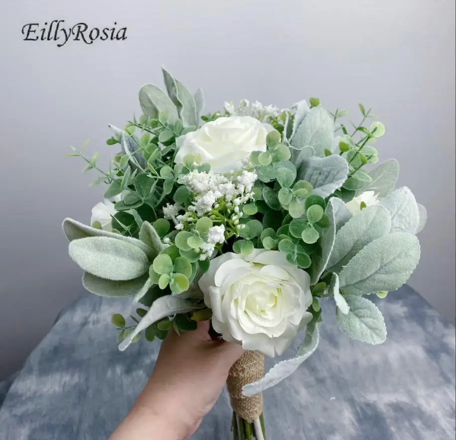 EillyRosia-ramo de flores verdes y blancas para dama de honor, rosa, eucalipto, destino de boda, ramo de novia rústico, con flores pequeñas