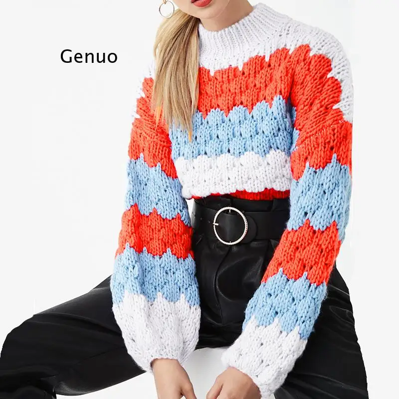

Hand-Knit Warm Sweaters 2019 Winter Green Stripes Loose Lantern Long Sleeve Sweater Thick Sweaters Pullover for Women