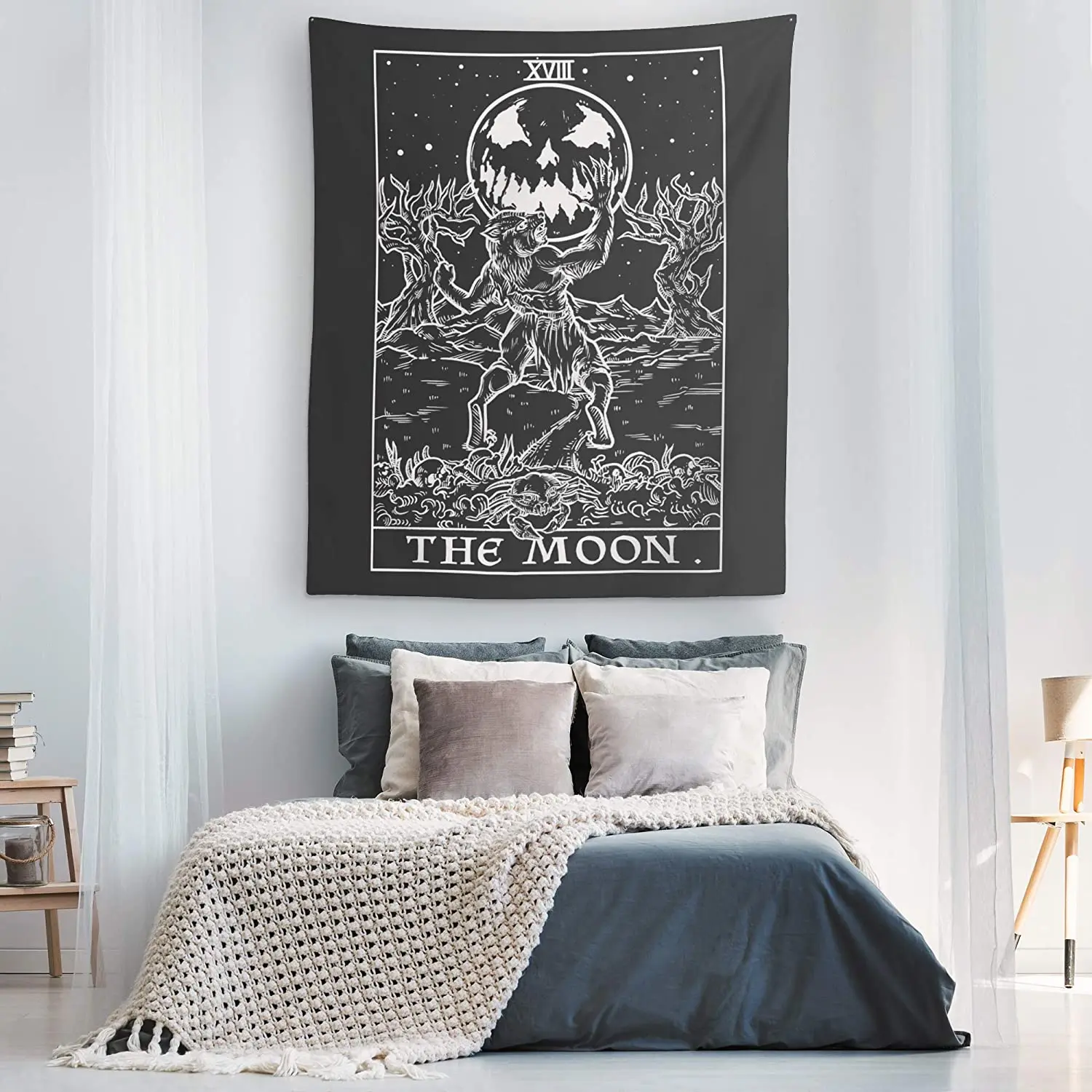 The Moon Tarot Card Tapestry (Black & White) - Werewolf - Gothic Halloween Home Décor