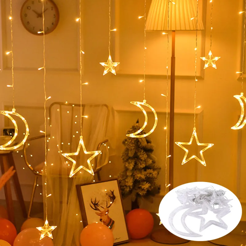 220V EU Plug Moon Star LED Curtain Garlands String Lights Christmas Outdoor Twinkle Muslim Party Holiday Ramadan Decoration