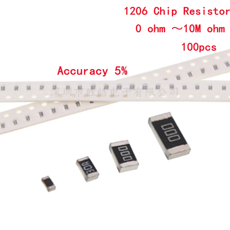 100szt 1206 SMD Dokładność 5% rezystor 0R ~ 10M 1/2W 0 1 10 100 150 220 330 ohm 1K 2.2K 10K 100K 0R 1R 10R 100R 150R 220R 330R